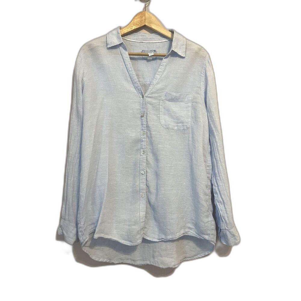Sigrid Olsen 100% Linen Button Down Blouse Tab Roll Sleeve Blue Large Coastal